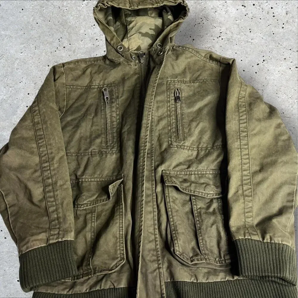 y2k Old Navy Military Jacket Hooded Green Lined  Full Zip Snap Pockets Size‎ L